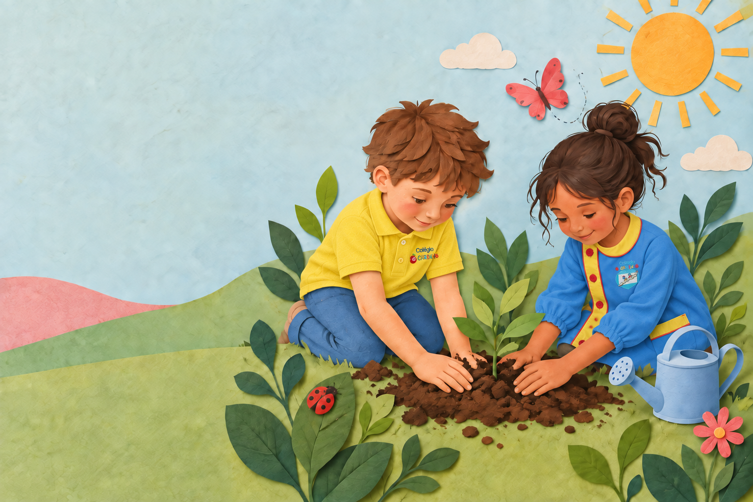 Ilustração de duas crianças com o uniforme do colégio a plantar numa horta